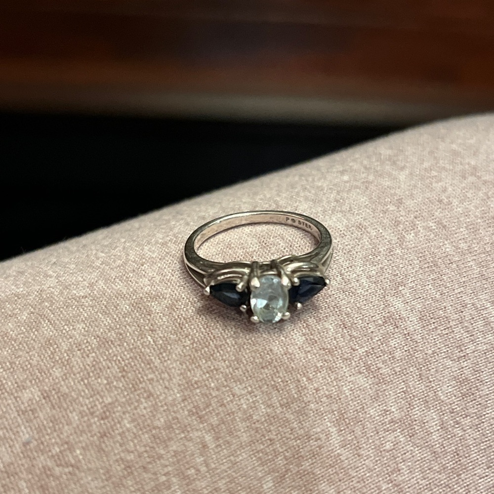 Vintage Sterling + sapphire + aquamarine ring, size 5
